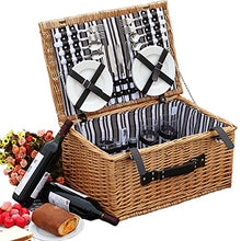 YRHH Rattan Picnic Basket with Lid, 4 Person Handmade Basket with Cutlery, Blue Fruit and Vegetables, for Outdoor Outings, Camping and Hiking