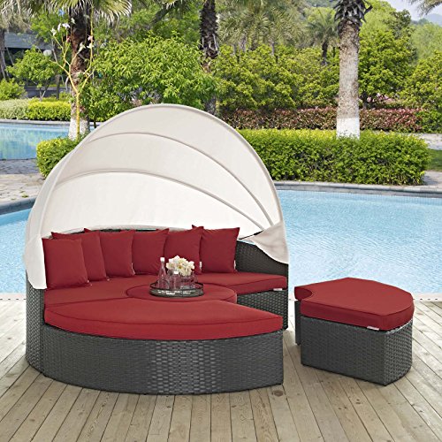 Modern Contemporary Outdoor Patio Balcony Lounge Daybed Sofa Bed, Rattan Wicker, Red