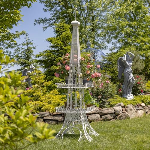 Zaer Ltd. Fancy Eiffel Tower-Inspired Two-Tiered Metal Plant Stand (Antique White, 9 Feet Tall)