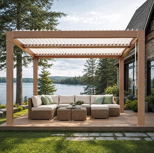 10x10ft Louvered Pergola, Outdoor Aluminum Patio Pergolas with Adjustable Louvered Roof, Integrated Drainage System, Outdoor Gazebo for Deck, Patio, Backyard and Garden, Wood Grain Color