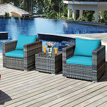 3 PC Patio Rattan Furniture Bistro Set Cushioned Sofa Chair Turquoise Single Sofa Coffee Table