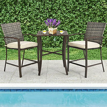 3PCS Patio Rattan Bar Furniture Set Slat Table 2 Cushioned Stools Poolside Brown, Onesize