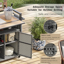Merax 52.8" W Wicker Outdoor Grill Cart with Extended Plastic Wood Table Top, Rolling Kitchen Island on Wheels with Storage Cabinet, for Patio Backyard Garden Poolside, Double Handle Design, Grey