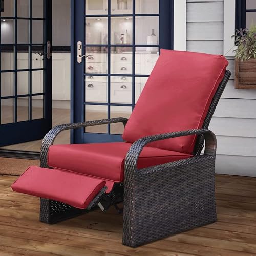 Skypatio Dual-use Indoor/Outdoor Wicker Adjustable Recliner Chair, Patio Relaxing Lounge Rattan Armchair with Cushions (Brown Wicker+red Cushion)