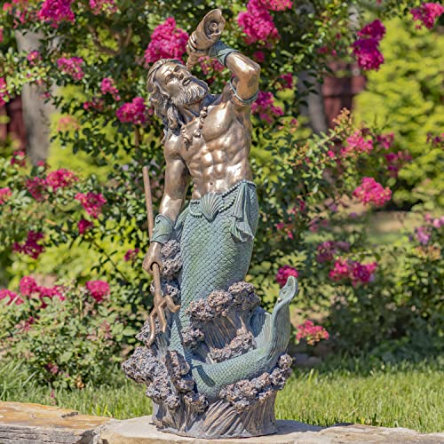 Zaer Ltd. Merman Garden Statue Holding Trident in Antique Bronze/Antique Grey (52" T. with Seashell Spyglass, Antique Bronze)