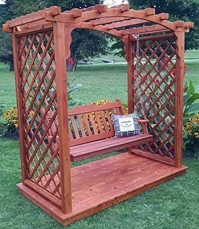Backyard Crafts Amish-Made Jamesport Style Cedar Arbor with Deck & Swing 5' Wide Gray Stain