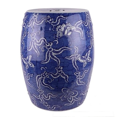 Ceramic Garden Stool Decorative Garden Stools Ceramics Blue And White Hand-painted Icy Plum Blossom Butterfly Pattern Porcelain Stool Ceramic Decorative Drum Stool Cooler Pier Garden Stool Ceramic(B)