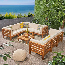 Great Deal Furniture GDFStudio Outdoor Sectional Sofa Set with Coffee Table - 9-Piece 8-Seater - Acacia Wood - Outdoor Cushions - Teak and Beige
