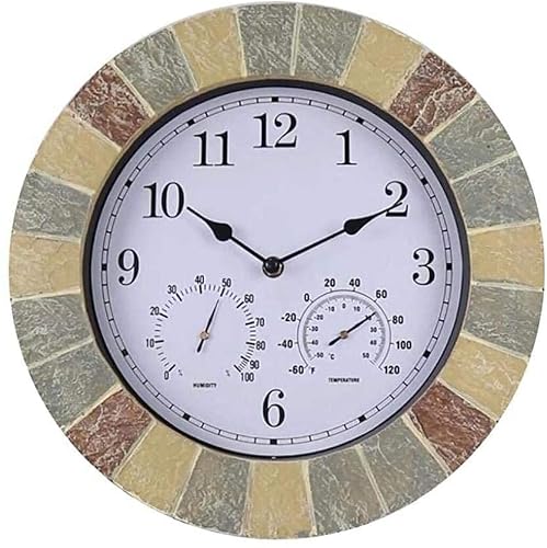 Wall Clock Weatherproof, Garden Wall Clocks Ornaments Outdoor, Precise Timing with Temperature and Humidity Meter