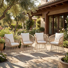 Christopher Knight Home Acker Metal Frame Outdoor Dining Chairs Set of 4, Patio Dining Room Chairs with Wicker Curved Backrest, Comfy Poolside Kitchen Chairs with Cushion, Patio Chairs, Teak + Beige