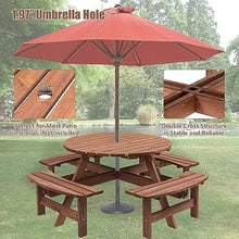 Thanaddo 8-Person Outdoor Circular Wooden Picnic Table, Camping Dining Table w/ 4 Built-in Benches, Outside Table Set with Umbrella Hole, 2220lb Capacity for Garden Patio Backyard - Brown