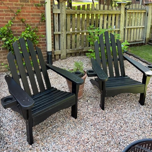 Amish Casual Heavy Duty Treated Wood Adirondack Chairs (Set of 2) - All Weather Handcrafted Wooden Outdoor Patio Chairs for Lawn, Porch, Deck & Fire Pit (Semi Solid White Stain, with Cupholders)