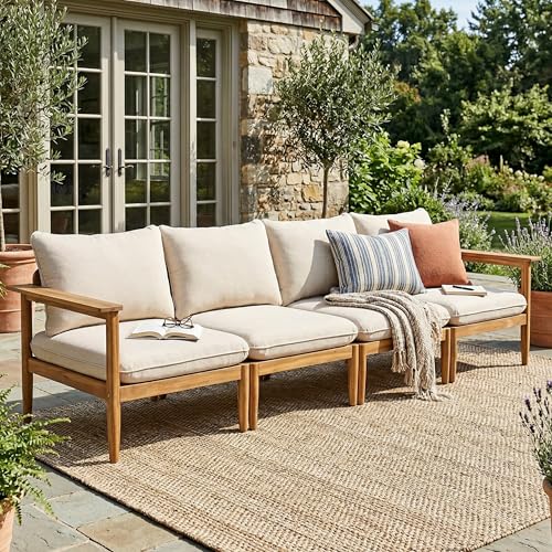 Christopher Knight Home Terassi Acacia Wood Outdoor 4 Seater Sofa with Cushion, Solid Wood Patio Sofa with Removable Cushion, Outdoor Modular Sofa Couch for Patio Furniture Set, Beige+Light Teak