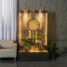 Indoor Outdoor Resin Zen Fountain Wall with LED Lights, Large Water Feature with Circular Design, Landscape Decor with Pump, for Garden, Entryway & Living Room,Spa(Rockery Mountain)(Buddha)