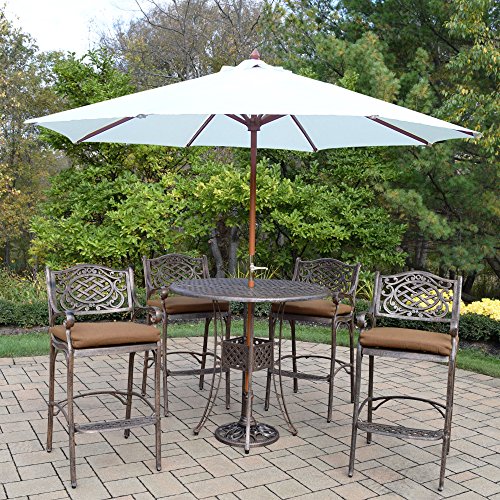 Oakland Living Elite Mississippi Bar Set with Table, Cushioned Stools, Umbrella & Stand Antique Bronze