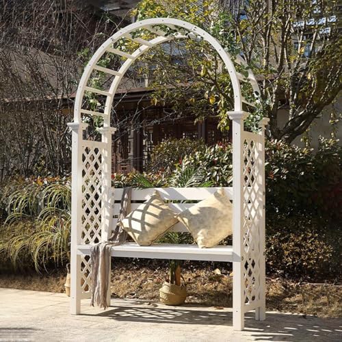 OREKPOT Heavy Duty Garden Arch, Metal Garden Arbor with Bench, Two People Seat Rose Arch for Lawn Backyard Patio Outdoor Climbing Plant，White