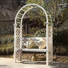 OREKPOT Heavy Duty Garden Arch, Metal Garden Arbor with Bench, Two People Seat Rose Arch for Lawn Backyard Patio Outdoor Climbing Plant，White