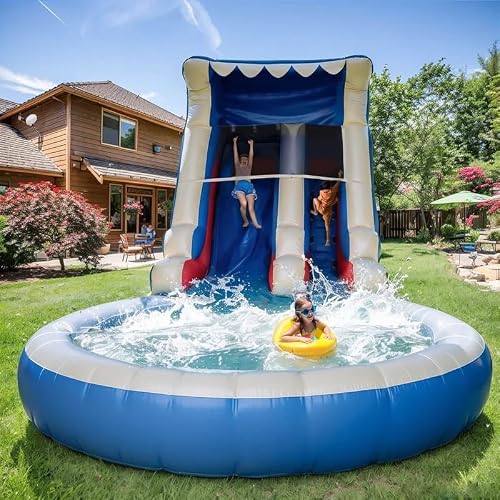 24FT Commercial Water Slide for Adults Kids (700lbs Capacity) (13ft Giant Pool) 100% Heavy Duty PVC Inflatable Water Slide for Backyard Outdoor Party Fast Drainage, NO Blower, 24x13x13ft