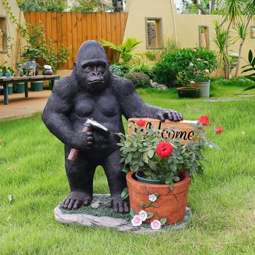 Gorilla Garden Statue Planter Resin Outdoor Sculpture with Built In Flower Pot, Welcome Sign Animal Yard Ornament for Patio Lawn Porch Entryway Backyard Landscape Decoration Accent (Standing Gorilla)