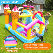 Doctor Dolphin Inflatable Bounce House Ice Cream Doughnut Party with Blower, Slide & Ball Pool Pink and Yellow