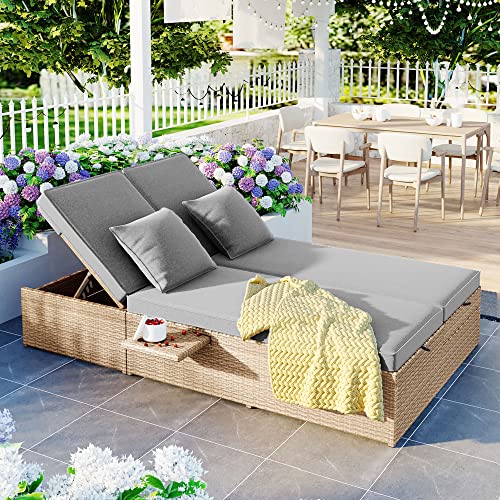 Merax Outdoor Double Sunbed, Wicker Rattan Patio Reclining Chairs with Adjustable Backrest and Seat, Conversational Set for 2 Person, Brown