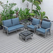 LeisureMod Walbrooke Modern Aluminum 5-Piece Patio Conversation Set with Fire Pit Table Navy Blue