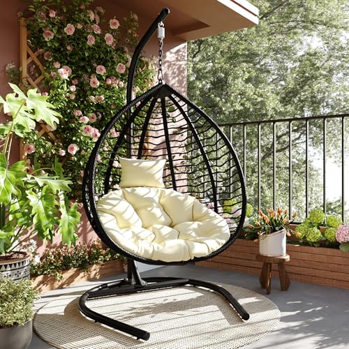 roomfitters Indoor Outdoor Hanging Egg Hammock Chair with Stand, Wicker Rattan Swing for Patio and Bedroom, Black+Beige