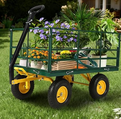 1400 LB Garden Dump Cart with 13 in All Terrain Tires, 3-in-1 Yard Wagon Cart with Removable Side Panels, Heavy Duty Outdoor Metal Utility Wagon Yard Trailer for Outdoor Lawn, Yard, Backyard