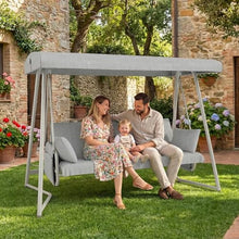 KEIKI 3-Seat Patio Swing with Canopy, Convertible Outdoor Porch Swing Chair with Thick Cushions, 3-in-1 Heavy-Duty Steel Frame Swing Bench for Patio Garden Backyard, Champagne White