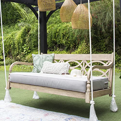 Cambridge Casual Renley 5.6 FT Mahogany Porch Swing Daybed with Oyster Cushion, Lime Wash Finish, Turned Detail, Weather-Resistant Outdoor Porch Swing Bed