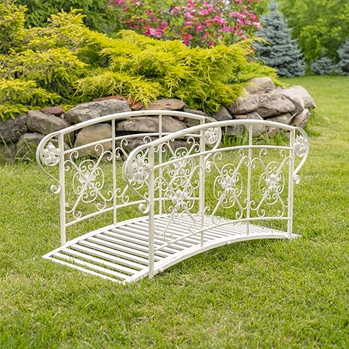 Zaer Ltd. Decorative Iron Garden Bridge, 40.5 x 22 x 22 inches, Antique Bronze or White, Floral Design (Antique White)