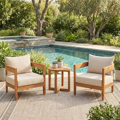 Christopher Knight Home 3-Piece Acacia Wood Patio Furniture Set, Outdoor Conversation Club Chair Set with Coffee Table, Patio Chat Set for Backyard Balcony, Teak+Beige