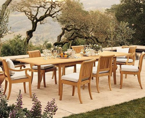 WholesaleTeakFurniture Grade-A Teak Wood 10 Seater 11 Pc Dining Set: 117" Double Extension Rectangle Table 8 Armless and 2 Giva Arm/Captain Chairs #WFDSGVx