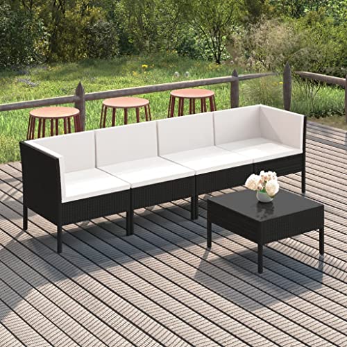 HEFZGDB 5 Piece Patio Lounge Set with Cushions Poly Rattan Black Porch Furniture Patio Table and Chairs Set Outdoor Patio Set Suitable for Lawn, Garden, Poolside.