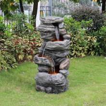 HIONJIN Outdoor Cascading Bowls and Stacked Stones LED Outdoor Water Fountain for Outdoor Living Spaces