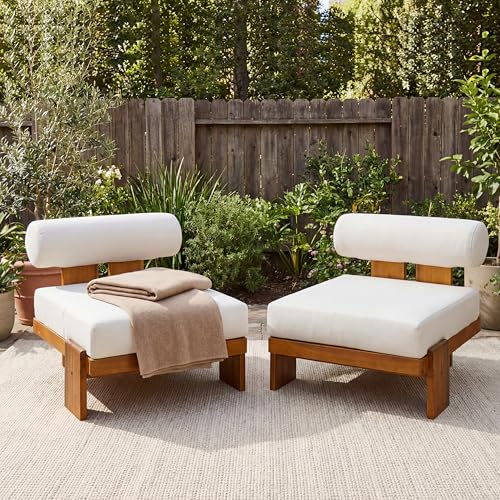 Christopher Knight Home Hazoe Acacia Wood Lounge Chair Outdoor Set of 2, Patio Accent Chair Set with Thick Waterproof Cushions, Outdoor Armless Club Chair for Patio Furniture Set, Beige + Teak