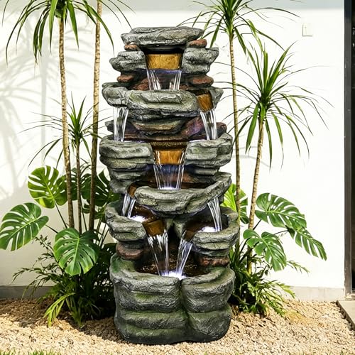 Naturefalls 47.2inches Outdoor Rockery Water Fountain with Led Lights - Poly-Resin Rock Cascading Water Fountains - Relaxation Water Features for Patio, Yard, Deck, Garden Decor