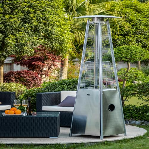 PATIOEASY Propane Patio Heater, Outdoor Stainless Steel Pyramid Heater with Wheel Base and Safety Shut-Off for Backyard, Deck, Garden