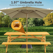 YOPTO 8 Person Wood Picnic Table with 2 Built-in Benches and Umbrella Hole, Outdoor Rectangular Camping Dining Table with 2 Seats,for Garden, Backyard, Porch, Patio,Natural