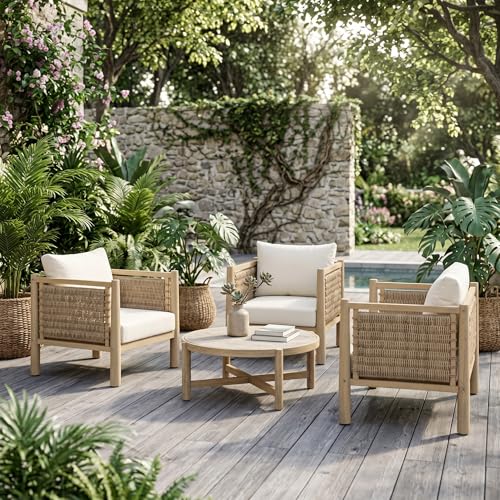 Merax Acacia Wood Patio Chair Set of 3 with Light Brown PE Wicker Woven Armrests & Beige Removable Cushions, Modern Rustic Outdoor Dining Chair for Patio Garden Balcony (Only Chairs)