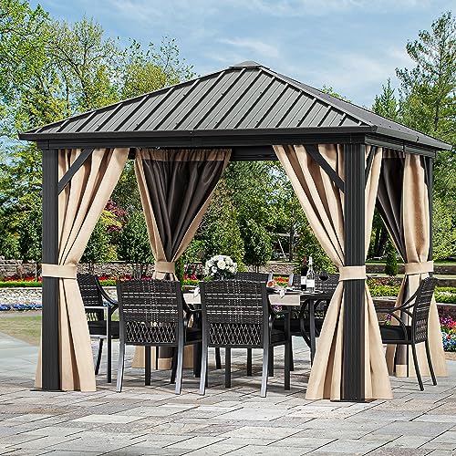 YITAHOME 10x10ft Hardtop Gazebo with Nettings and Curtains, Heavy Duty Galvanized Steel, Brown