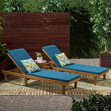 Great Deal Furniture Outdoor Modern Acacia Wood Chaise Lounge with Cushion Set of 2 Teak Finish Blue