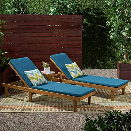 Great Deal Furniture Outdoor Modern Acacia Wood Chaise Lounge with Cushion Set of 2 Teak Finish Blue