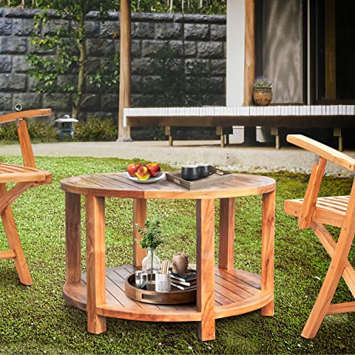 Chic Teak Round Outdoor Wood Patio Coffee Table 31 Inch Brown Classic Hand Waxed Water Resistant Weather