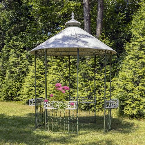 11.25ft. Tall Round Iron Gazebo with Four Side Walls & Flowers Baskets Seville (Antique Green)