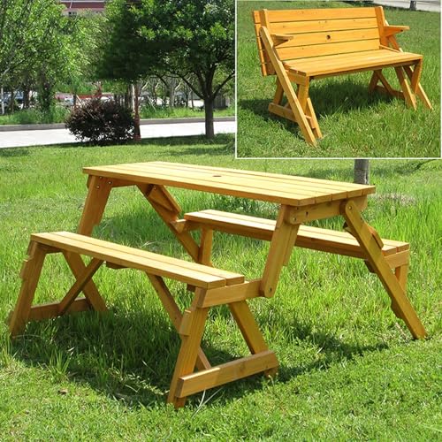 Outdoor Picnic Table and Chair Set with Umbrella Hole Foldable Garden Bench with Backrest Weather-Resistant Solid Wood Terrace Seating,Golden Yellow-One Size