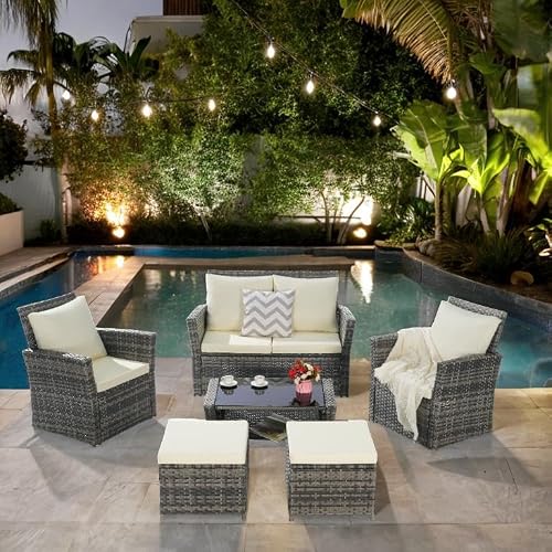 Patio Furniture Set with Small Outdoor Table, All-Weather Wicker, Breathable Polyester Cushions, Patio Bar Set w/ Sillas para Balcon, Sillas para Patio Exterior, Easy-to-Clean, Durable (Beige)