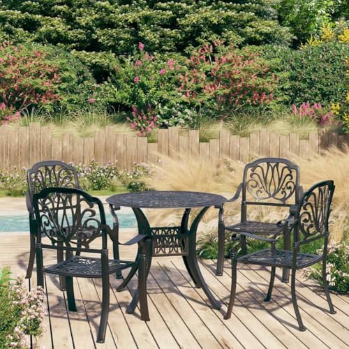 Molumvel 5 Piece Outdoor Bistro Set with Umbrella Hole, Cast Aluminum Patio Dining Table and 4 Chairs for Garden, Deck, Porch, Black