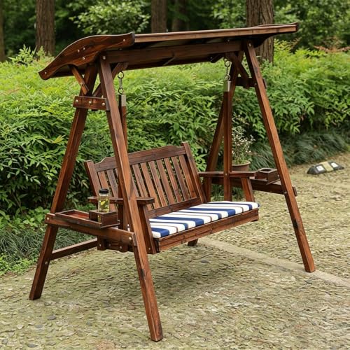 Porch Swing with Stand and Canopy, Wooden Patio Porch Swing Chair