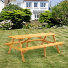 GFDGFD 75" Wooden Picnic Table with Built-in Benches for 8 People, Outdoor Patio Dining Table with Umbrella Hole, Heavy Duty Backyard Garden BBQ Table, Brown